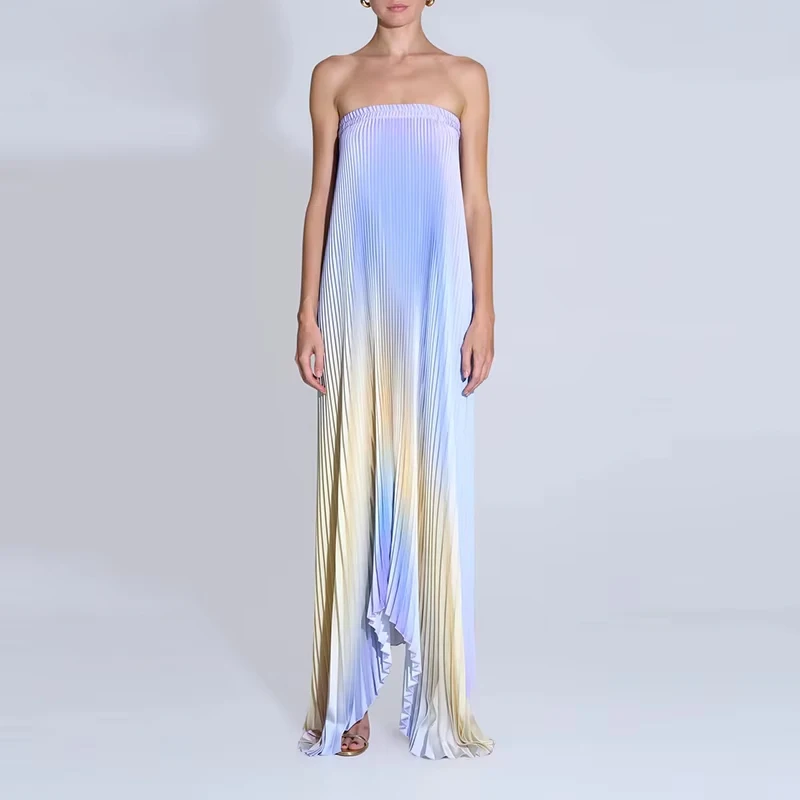 Women Elegant Big Hem One Shoulder Party Dress Show Style Pleated Gala Gowns Banquet New 2024 Gradient Tube Tops Evening Dress