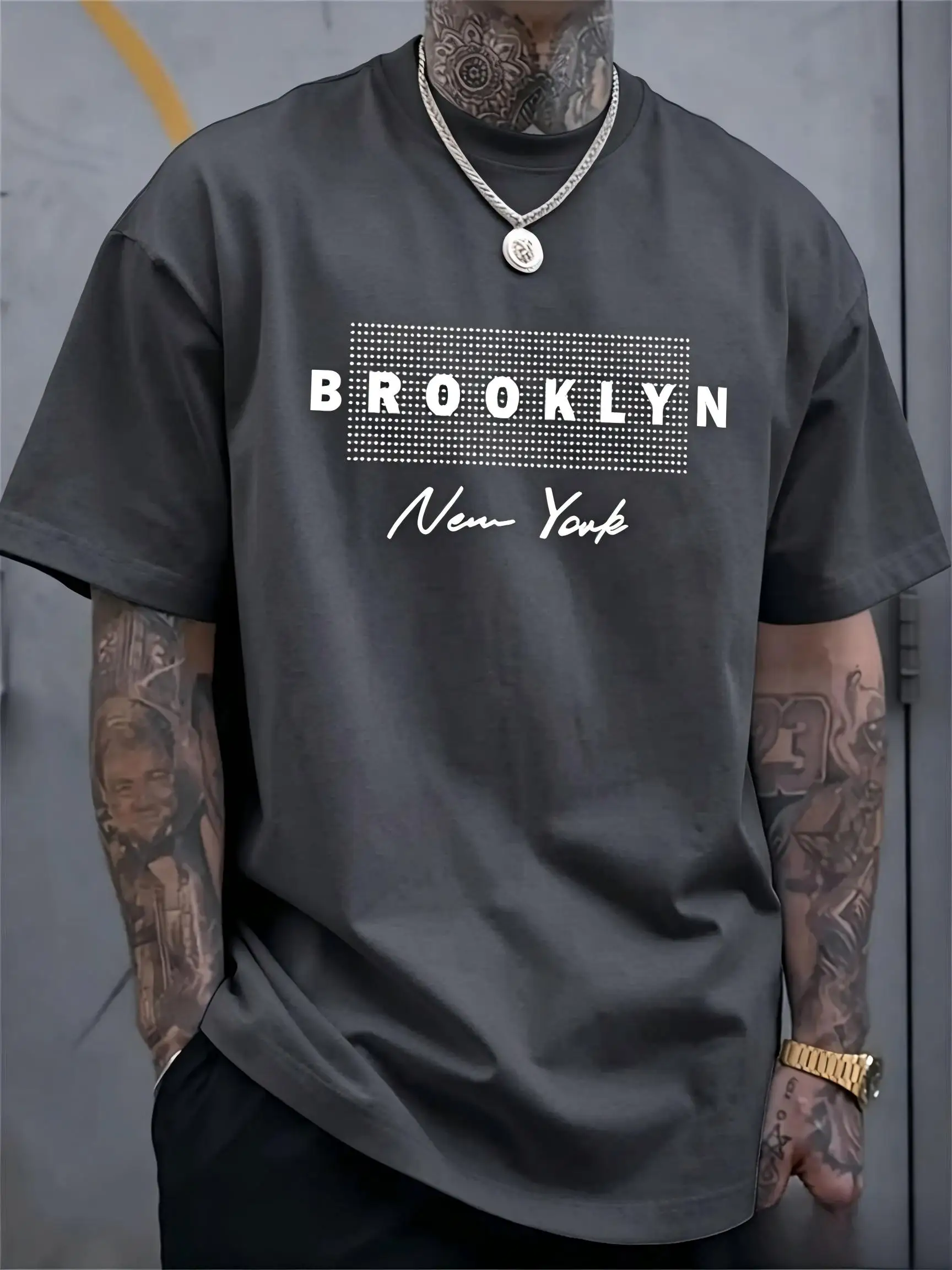 American style new men's summer Brooklyn letter print micro elastic breathable round neck T-shirt outdoor urban casual top