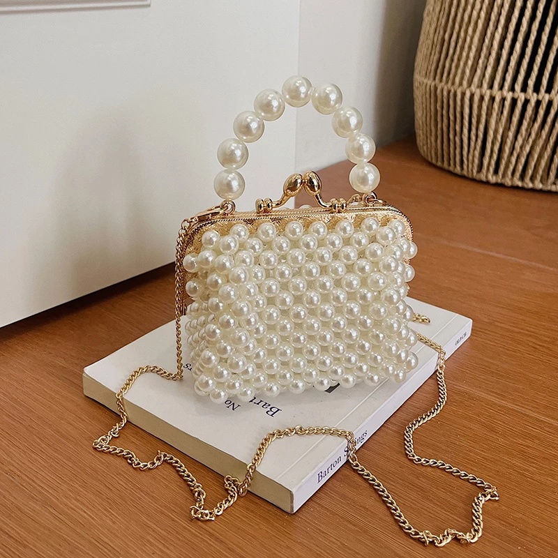 Luxuriöse Designer-Damentasche, handgefertigte Perlen-Tasche, neue Ketten-Schulter-Crossbody-Tasche, Mini-Lippenstift-Etui, Vintage-Perlen-Abendtasche – Detail 10