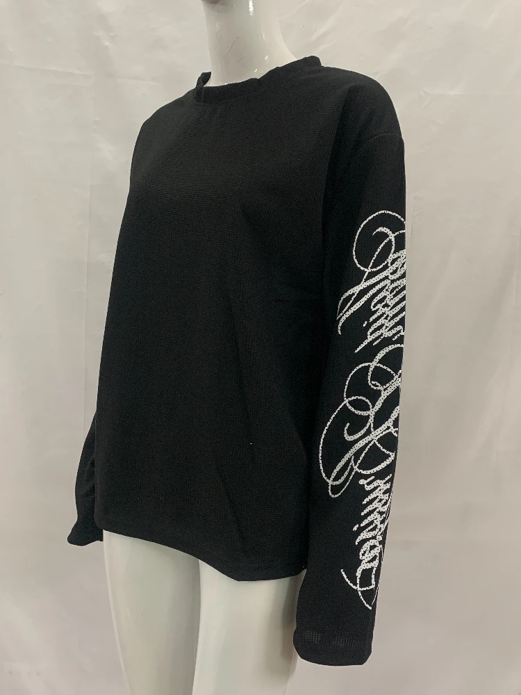 Waffle long sleeved base shirt Gothic curly rhinestone letter decoration round neck slim casual pullover for both men and women