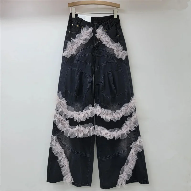 Y2k Clothes Streetwear Jeans Lace Ruffles Pants Women 2025 Casual High Waist Design Denim Fashion Baggy Female Trousers Pants