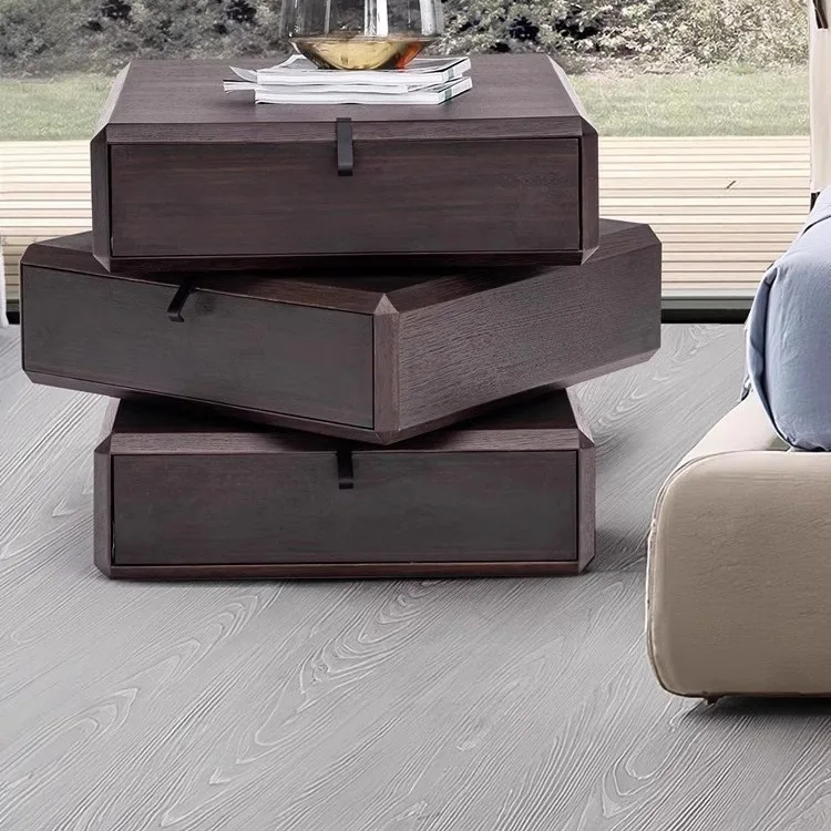 Solid wood smoky color rotating bedside table feeling design Italian minimalist modern simple rotating cstorage side cabinet