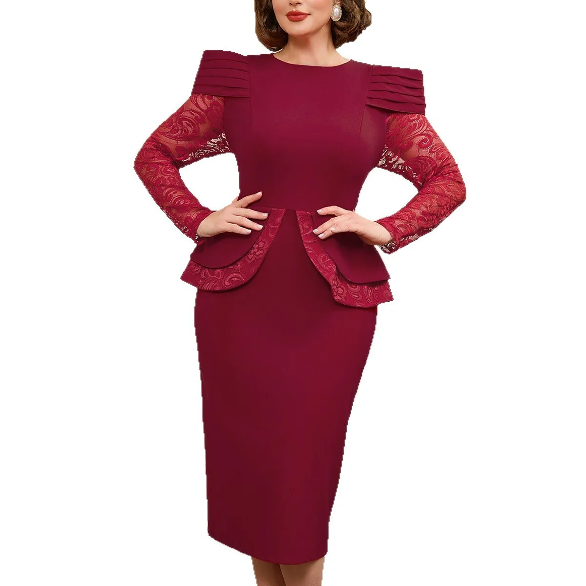 Vestido de banquete de casamento da mãe plus size vestido plissado manga de renda cintura alta emagrecimento elegante vestido casual y2k