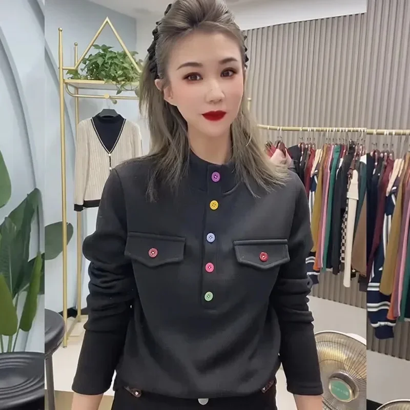 

Spring Autumn Women's Hoodies Half High Collar Design Thick Velvet Long Sleeved Hoodie Casual Solid Color Button Top Sportswear