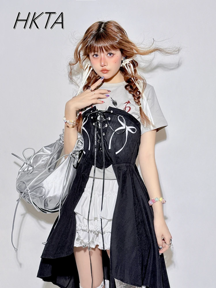 Dolce e fresco cinturino in pizzo nero sigillo in vita gilet da donna cuciture in pizzo ragazza calda torta di personalità gonna bianca set da 2 pezzi