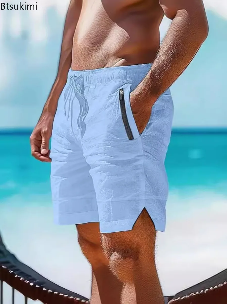 2025 Summer Men's Casual Shorts Breathable Cotton Beach Pants Fashion Elastic Waist Drawstring Sweatpant Men Baggy Pocket Shorts