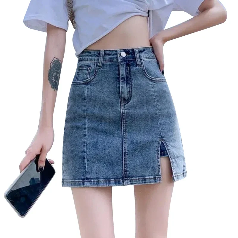 

High Wiast Denim Mini Skirt Women Hot Girl Tight Bag Hip Skirts Female Slim Anti-Glare Short Split Skirts JK Y2K New
