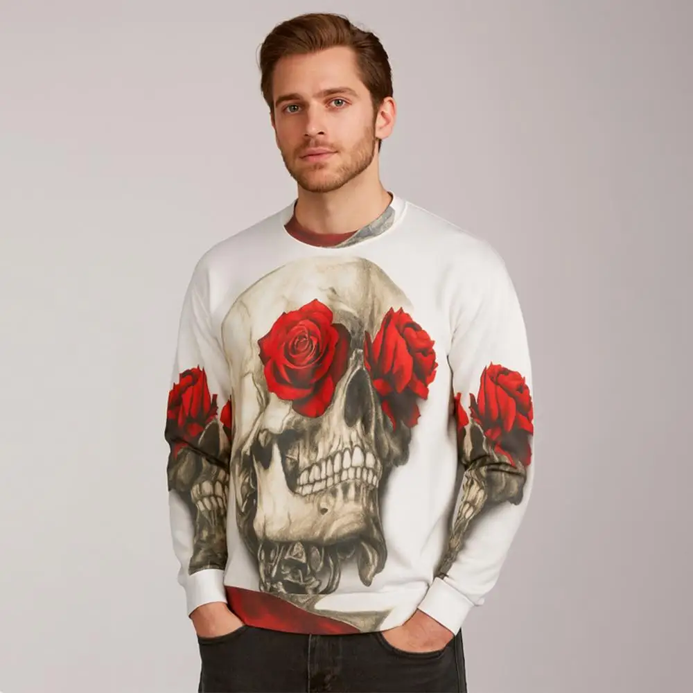 

Trendy Gothic Autumn And Winter Sweatshirt WIFRU Street Hip-hop Rose Skull Print Hoodie Men's And Women's Casual Holiday Tops