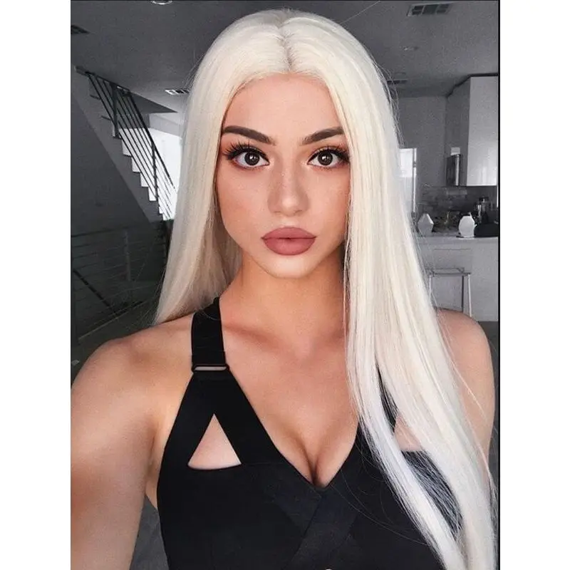 Women Cosplay Long Straight White Lace Front Wig Full Head Cover Synthetic Wig