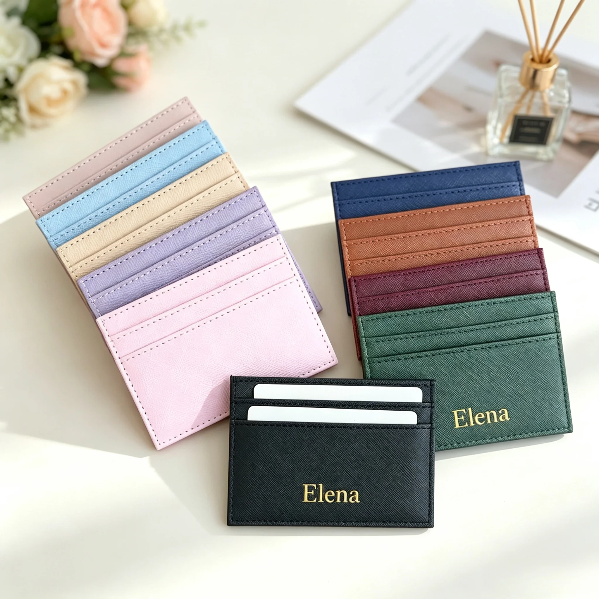 Customizable Name Letter Cross Texture PU Simple and High-End Multi-Color Women's Gift Multi-Slot Coin Wallet Card Case