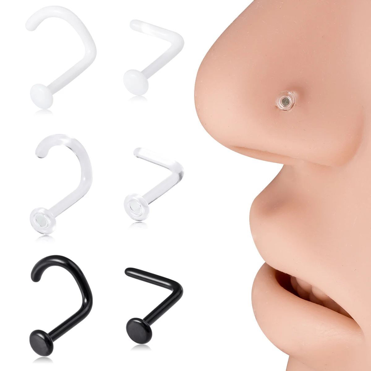 1/3pcs Glass Transparent Nose Rings Retainer Holder Nose Piercing Body Jewelry Wihte Black Clear