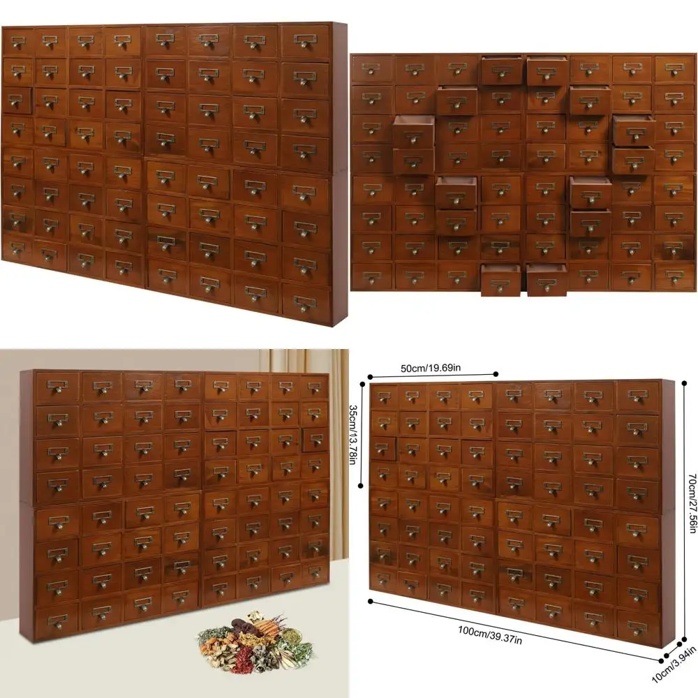 Wooden 64-Drawer Storage Cabinet, Traditional Apothecary Style, Library Card Catalog, Herb Organizer with Label Holder