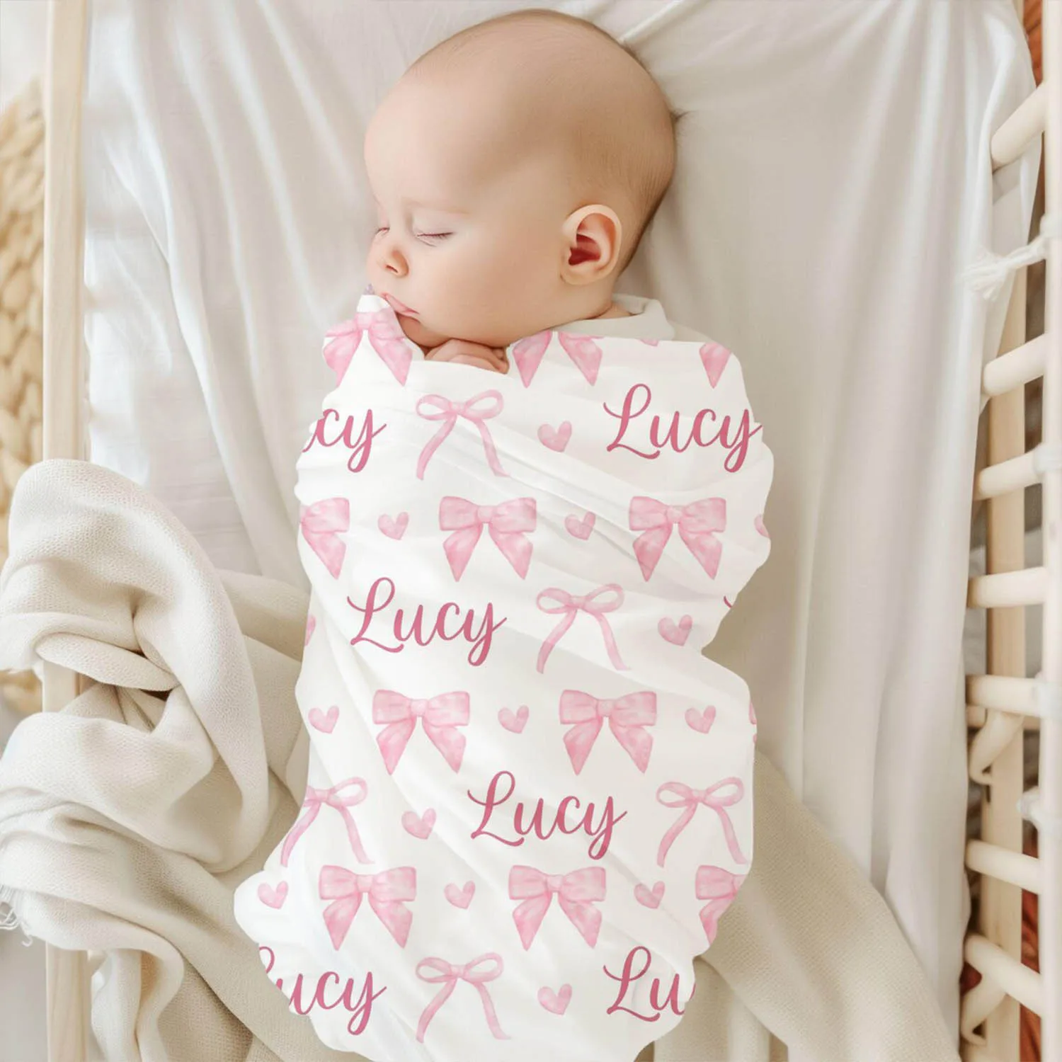 UOOPOO Personalized Name Pink Bow Baby Pillow Cover Set, Swaddle Set