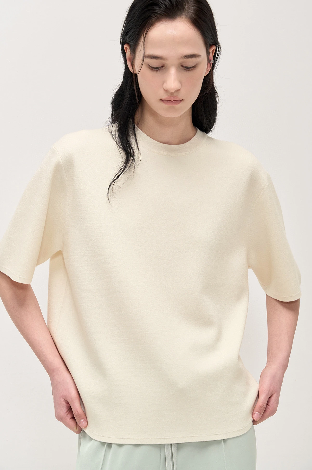 

Новая весенняя круглая женская футболка Ne ort Sve, корейская трикотажная шерстяная футболка, повседневная удобная футболка чистого цвета