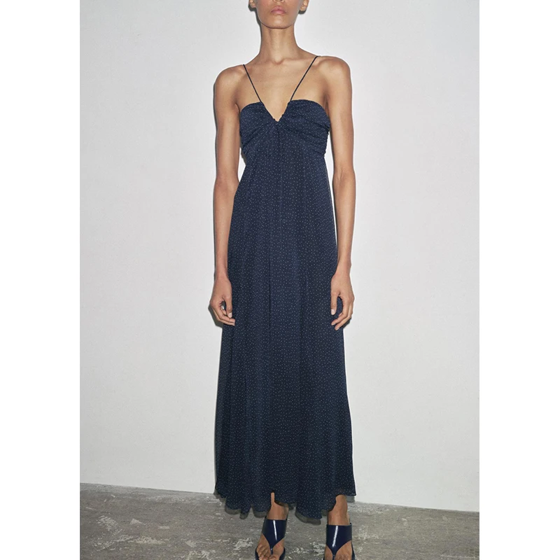 春の新作 レディースワンピース プリーツ素材 アシンメトリーヘム 水玉模様 Vネック ストラップレスワンピース ポリエステル00%