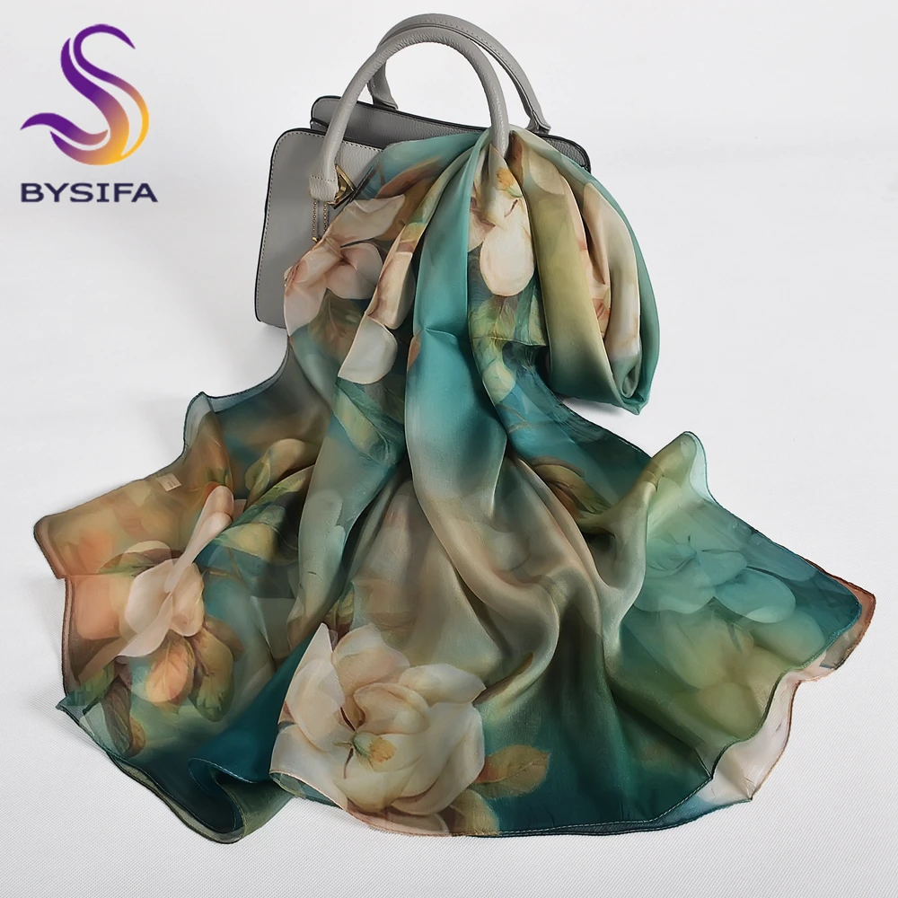 [BYSIFA] Blue Green 100% Mulberry Silk Scarf Wrap Winter Flower Design Chiffon Long Scarves Shawls Ladies Beach Shawl Echarpes