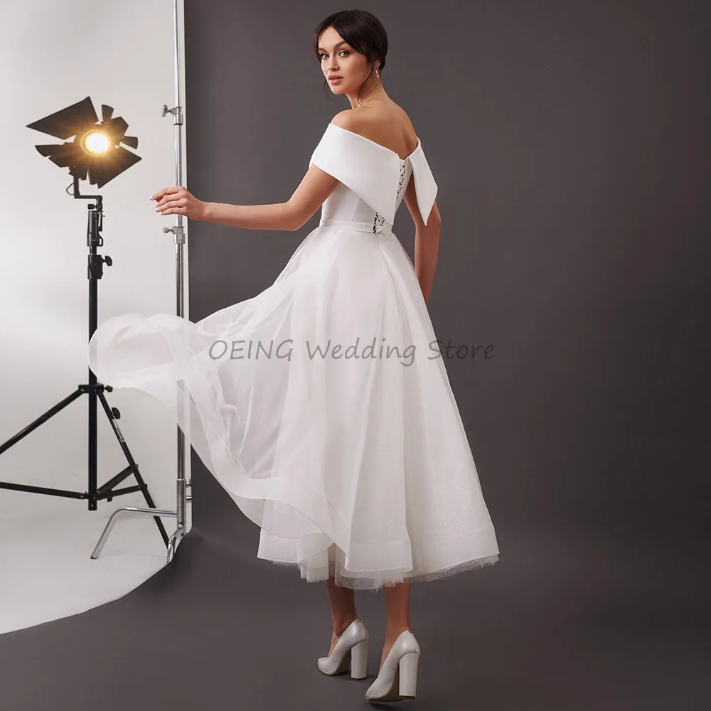 Simple Wedding Dress Short Tea Length Off the Shoulder White Wedding Gown A Line Sleeveless Backless Modern Midi Bridal Dresses