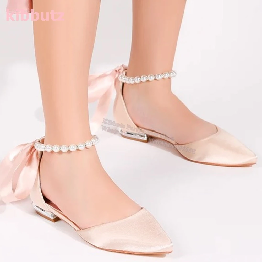 

Satin Pearl Ballet Pumps Pointed Toe Square Heel Solid Green Ankle Strap Butterfly -Knot Slip-On High Shoes Elegant Sexy Newest