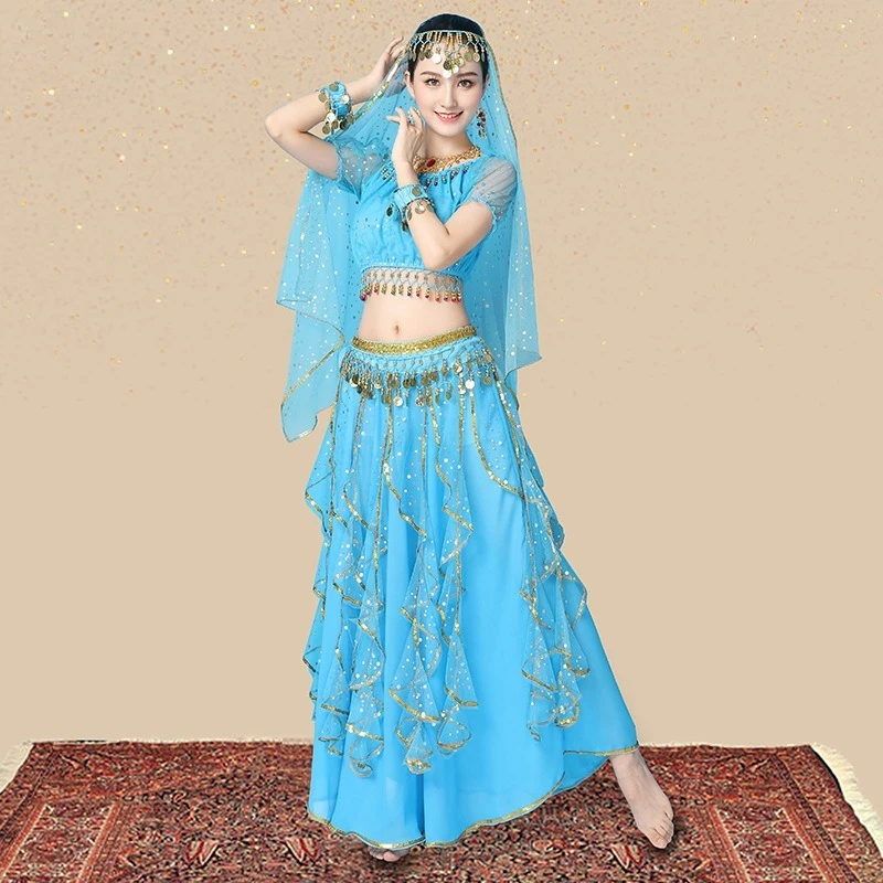 Traje de dança indiana personalizado, traje étnico adulto feminino, roupas de dança do ventre, traje de performance, manga curta, saia longa, conjunto