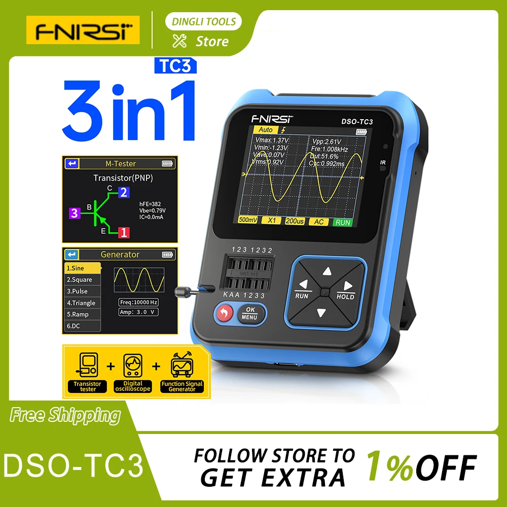 Fnirsi Dso-Tc3 Digital Oscilloscope Transistor Tester Signal Generator 3 In1 500khz 10msa/S Capacitor Resistor Diode 100k Output