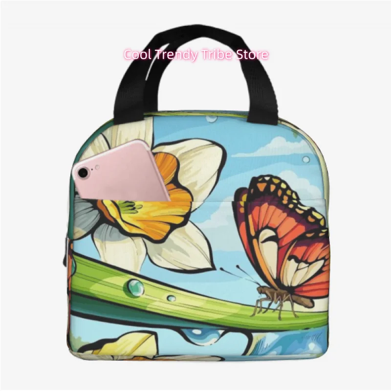 

Daffodil Butterfly with Water Drop Print Stripes Portable Lunch Box for Leakproof Thermal Cooler Food Insulated Lunch Bag