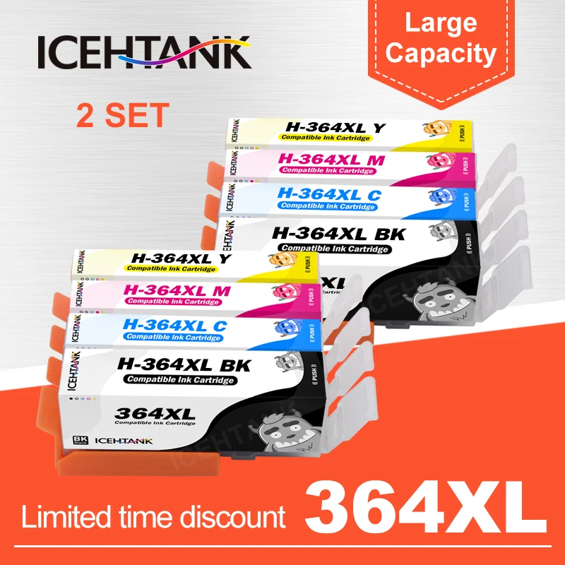 ICEHTANK 2set 364XL 364 XL Compatible Ink Cartridges Replacement for HP Deskjet 3070A 5510 6510 B209a B110e C510a C309a Printer