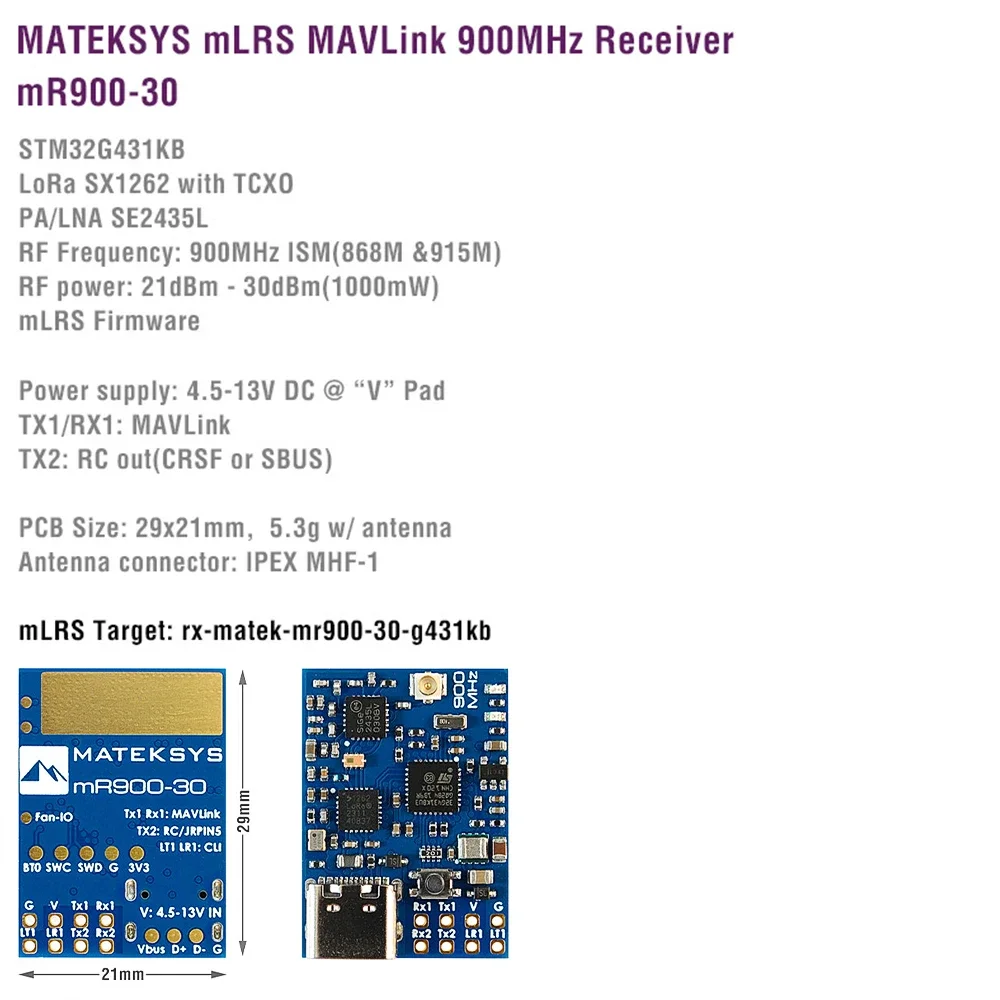 MATEKSYS MLRS MAVLINK 900MHZ RECEIVER, MR900-30 900 MHz LoRa, 30 dBm RF power 4.5-13V For Long Range RC FPV Drone