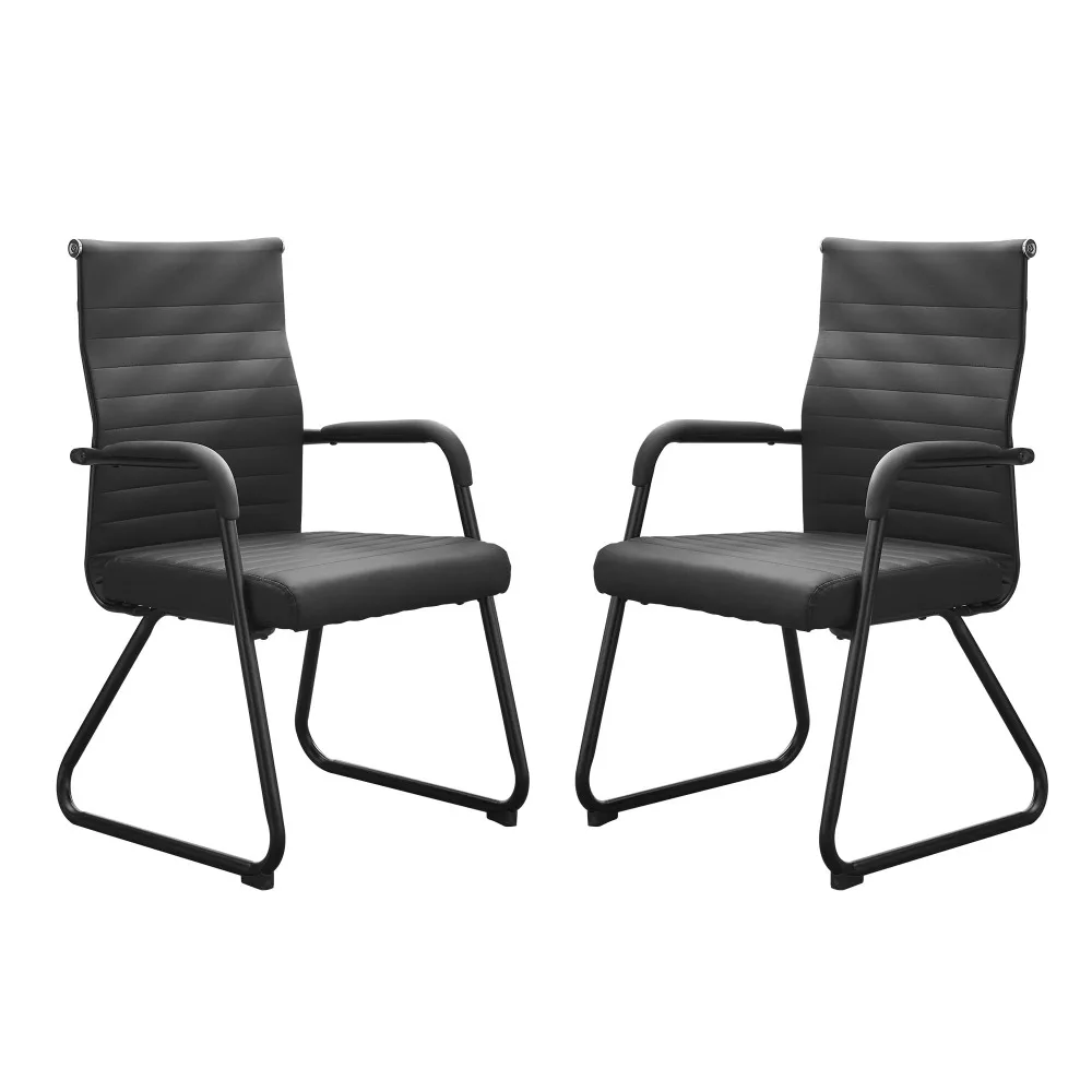Office Guest Chairs Set of 2, Modern Leather Reception Chairs with Mid Back & Sled Base, No-Wheel Desk Chairs for