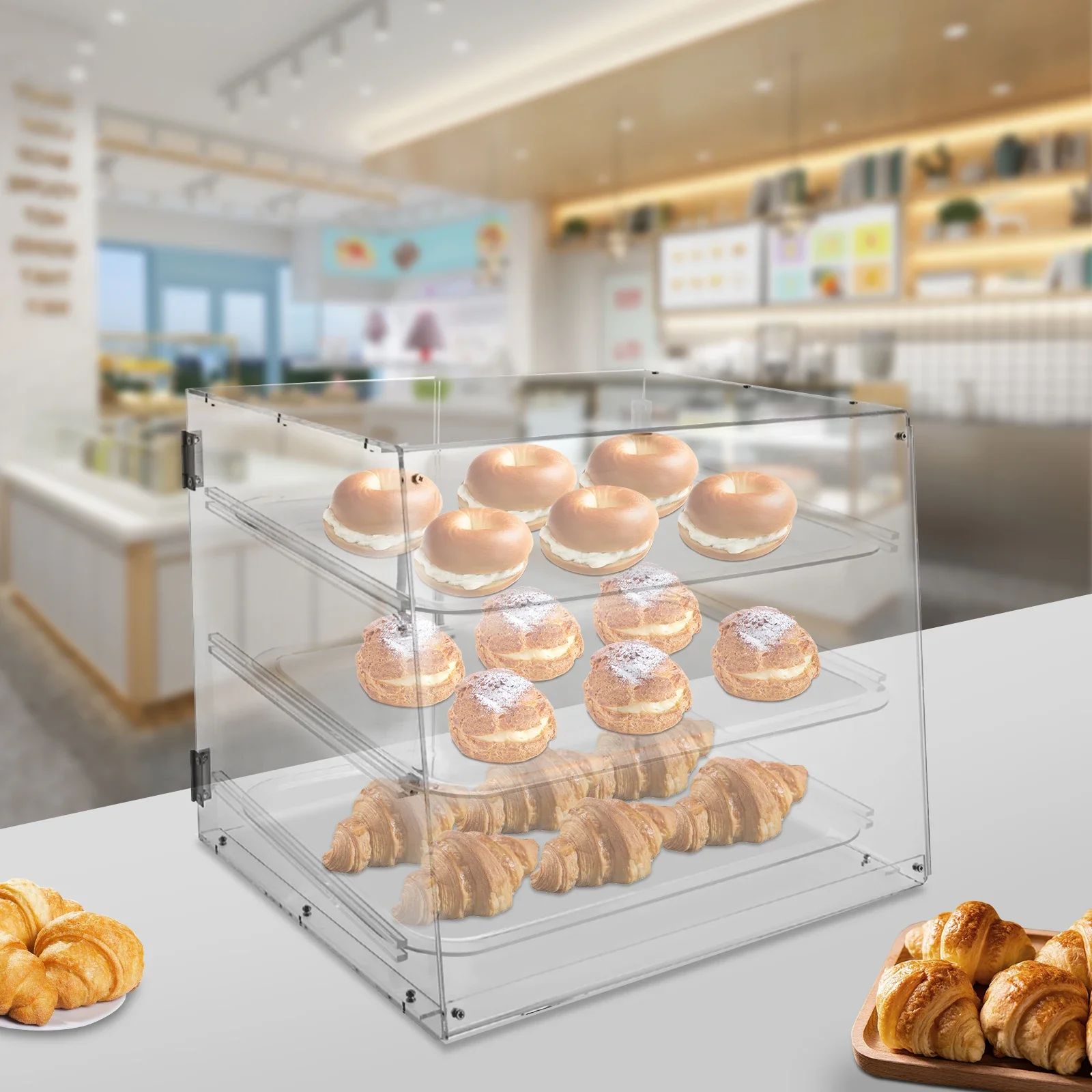 3-laags doorzichtige café-acryl gebakvitrine - commerciële bakkerijvitrine - moderne tafelblad dessertkast met anti-stofontwerp