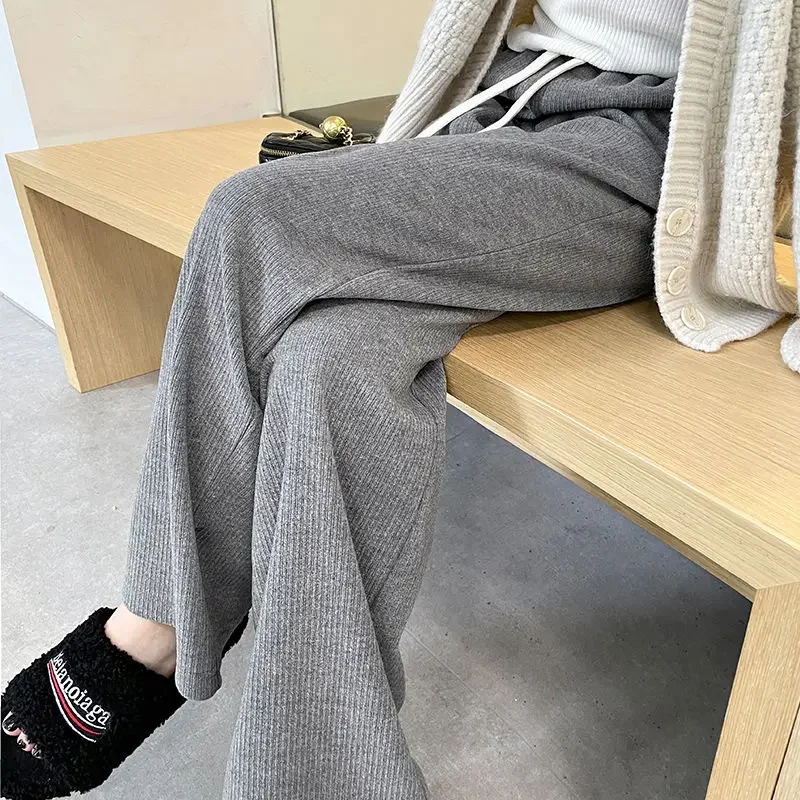 

Knitting Pit Strip Elastic Waist Mop Trousers Straight Casual Pants Women Office Lady Autumn Winter 2024 Pantalon Pour Femme Z88