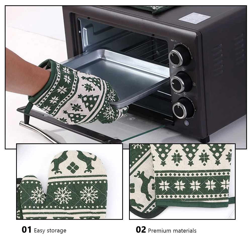 

2Sets Heat Resistant Oven Mitt with Hanging Design Christmas Theme Insulation Gloves for Baking Microwave Oven Use Kitchen Tool
