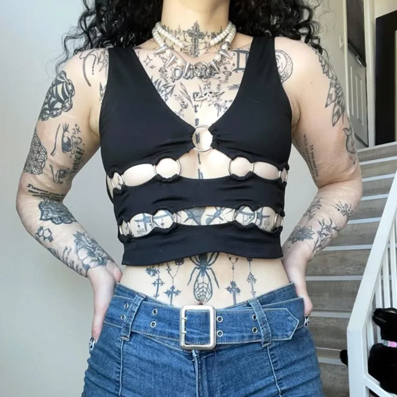 

Gothic Punk Black Hollow Tank Tops Female Sexy V-neck Crop Tops Nightclub Tops