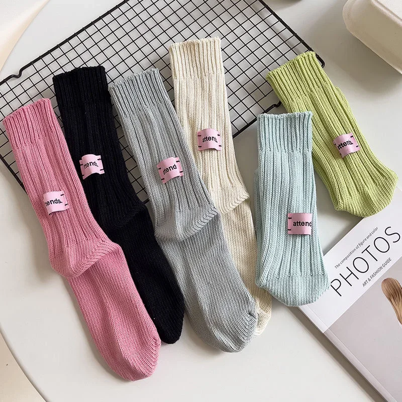 Knitted Middle Tube Socks Retro Pink Label Solid Color Spring Autumn Winter Warm Socks Home Mid-tube Cotton Thick Thread Needles