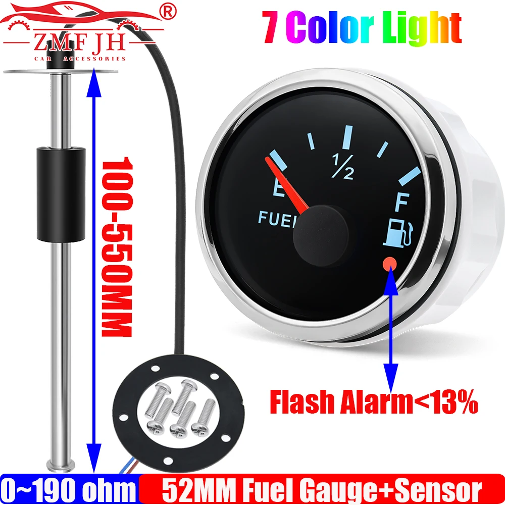 

ZMFJH Auto Car 52MM Fuel Level Gauge with Alarm 7 Color LED 0-190ohm Fuel Level Sensor 100-550mm for Universal Boat Yacht 9-32V