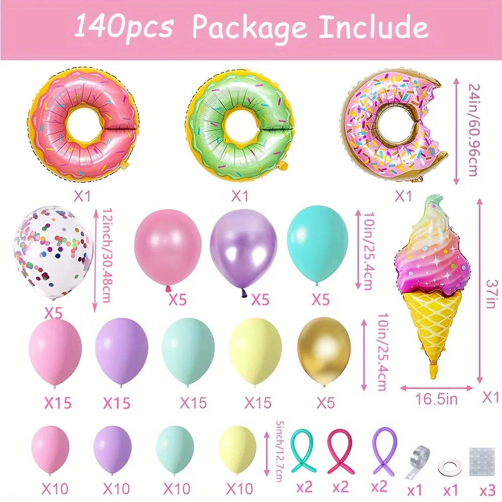 140PCS Donut Ice Cream Balloon Arch Set Birthday Party Spring/Summer/Autumn Party Swimming Pool Balloon Decoration