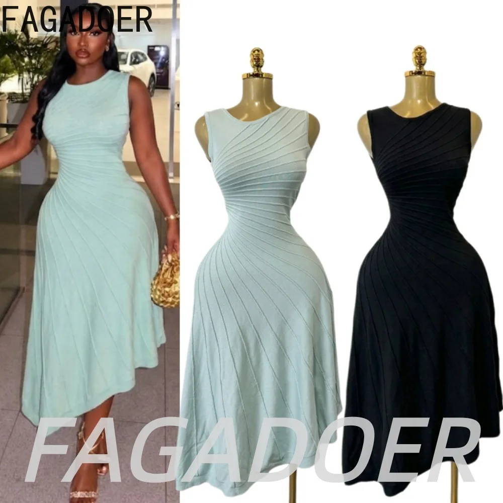 FAGADOER Women Elegant Round Neck Sleeveless Knit Dress Fashion Irregular Diagonal Ruched Bodycon Dress Summer Evening Dresses