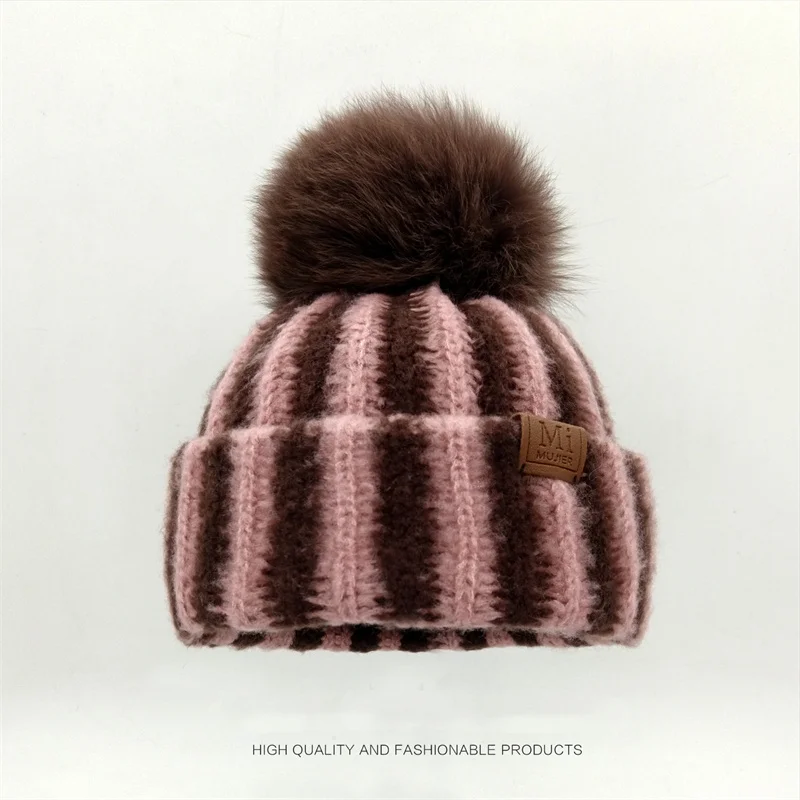 Real Fox Fur Pompom Hat For Women Striped Warm Knitted Hats Winter Girls Fox Ball Beanies Skullies Outdoor Female Cap