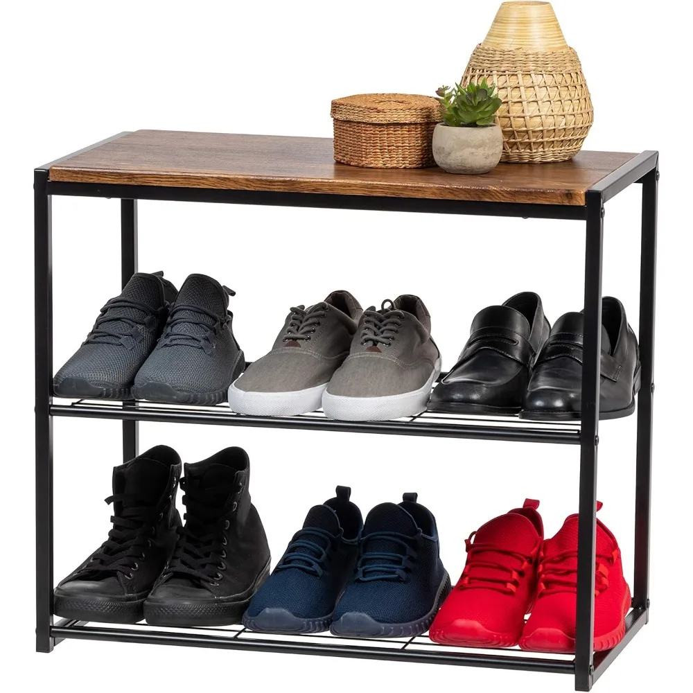 

3-Tier Shoe Rack Bench, Holds 6 Pairs, Modern Wood and Metal Design for Entryway or Closet Storage