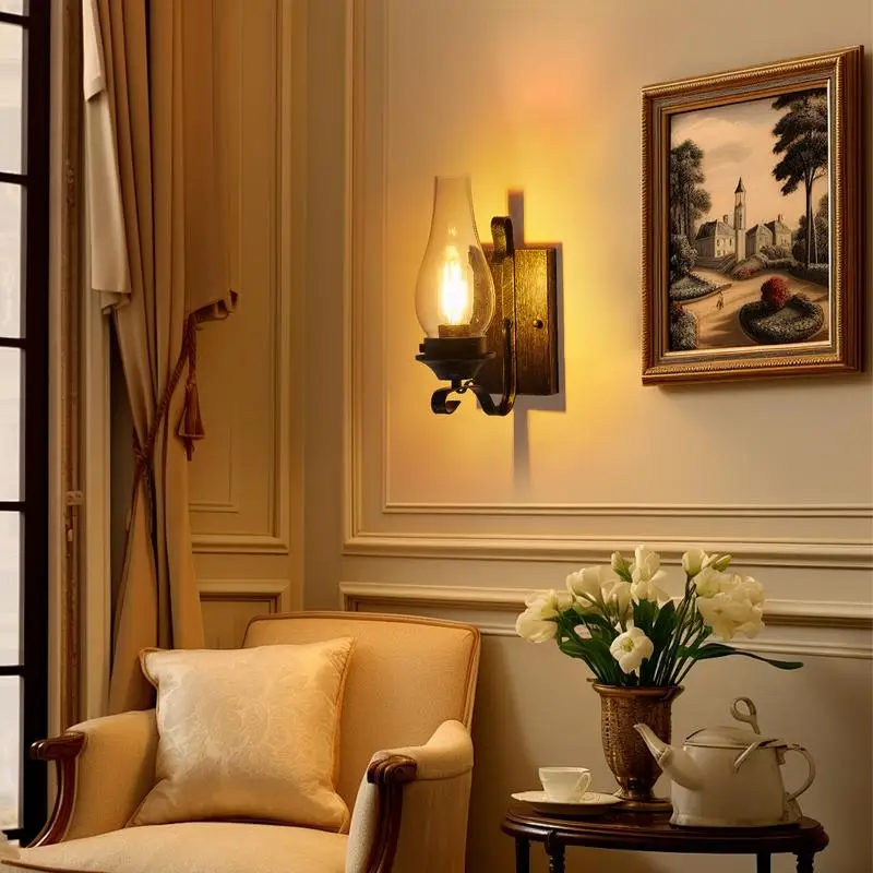 مجموعة شمعدانات جدارية للمزرعة الريفية مكونة من 2، مصابيح حائط صناعية عتيقة مع غطاء زجاجي شفاف، لمسة نهائية باللونين الأسود والذهبي #2