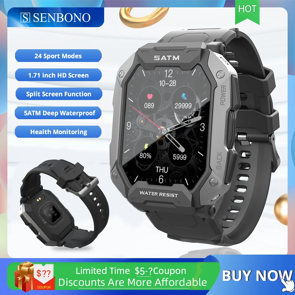 SENBONO 2022 Men's Smart Watch 5ATM IP68 Waterproof Swimming Health Monitoring 24 Sports Modes Watches Smartwatch for IOS Xiaomi