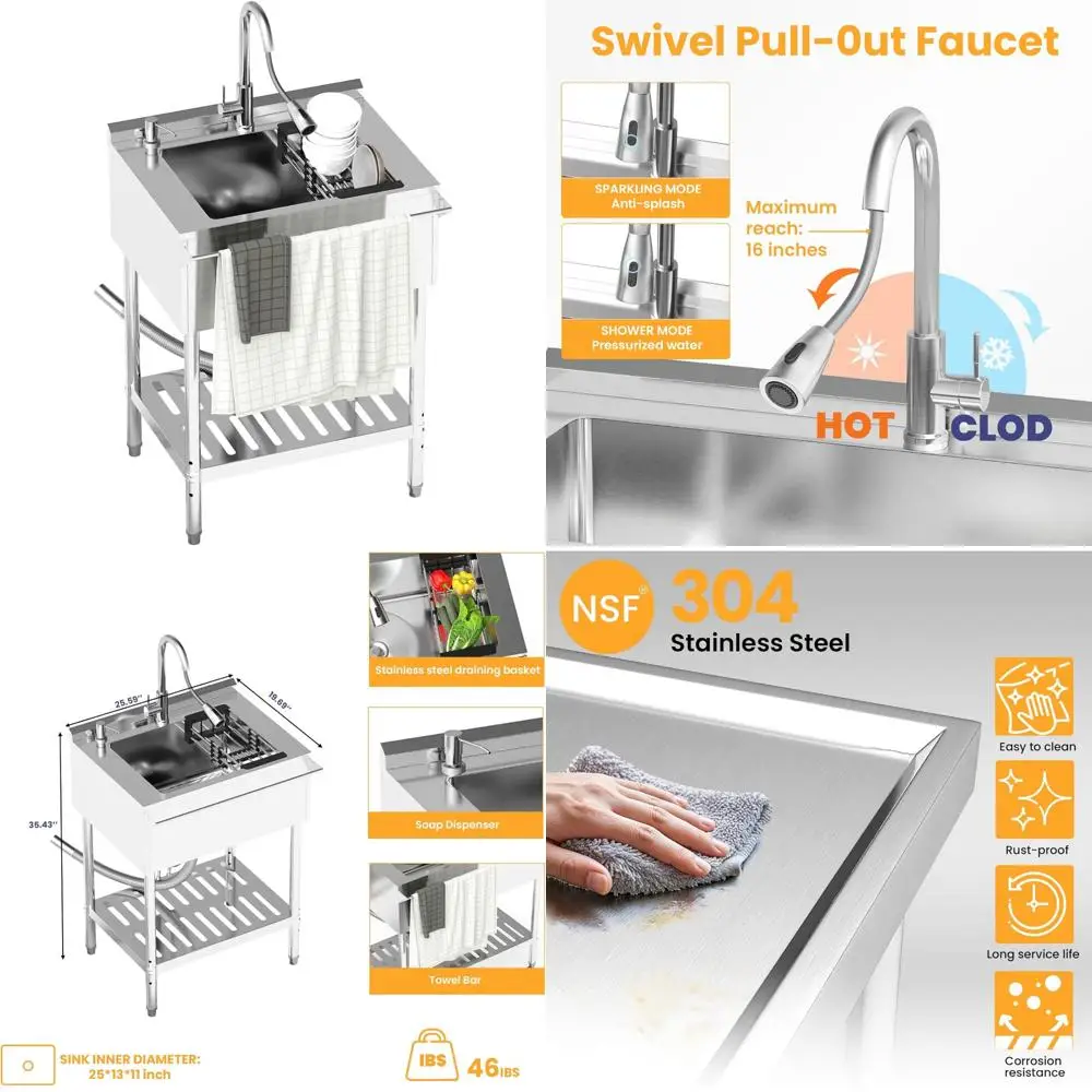 

Freestanding Single Bowl Stainless Steel Utility Sink with Pull-Out Faucet, Cold and Hot Water Lines, and Strainer for Industria