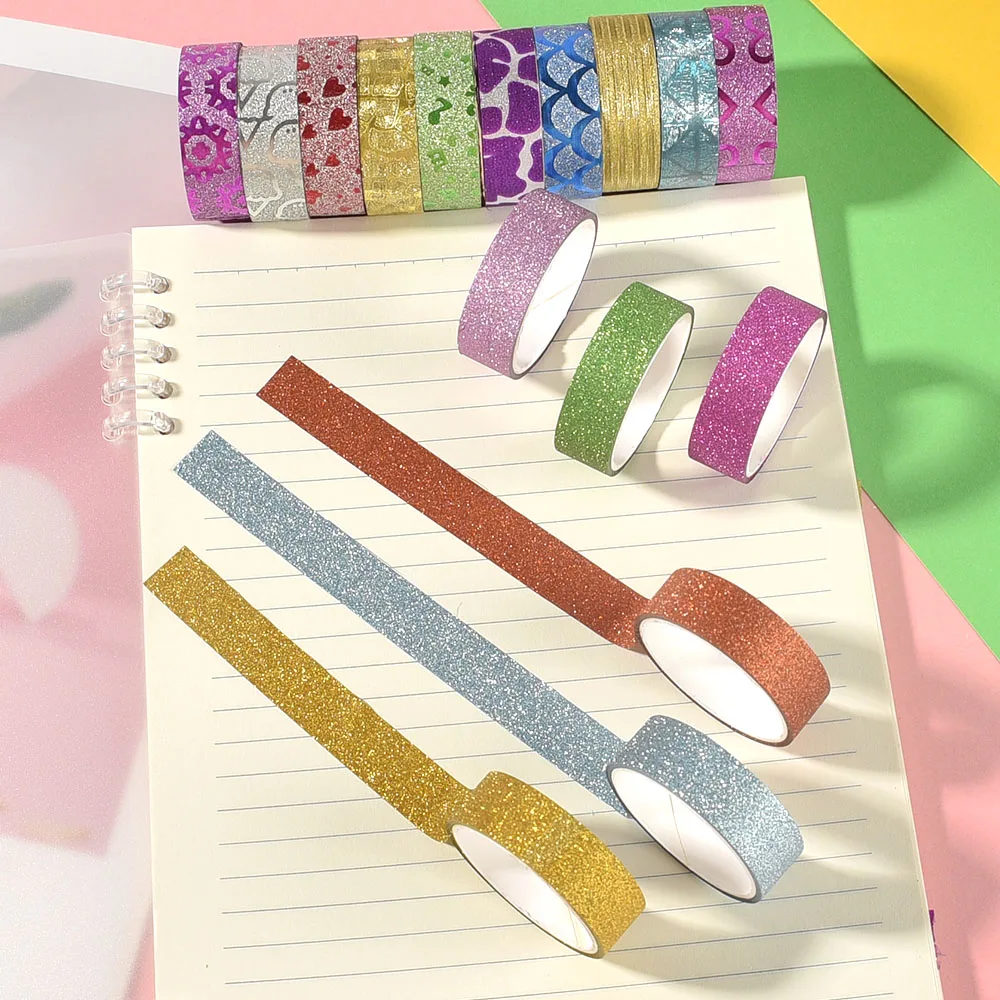 10 rotoli di adesivi glitterati a colori casuali Nastri adesivi di carta Etichetta decorativa fai da te Adesivi artigianali per l'imballaggio regalo della scuola dell'ufficio