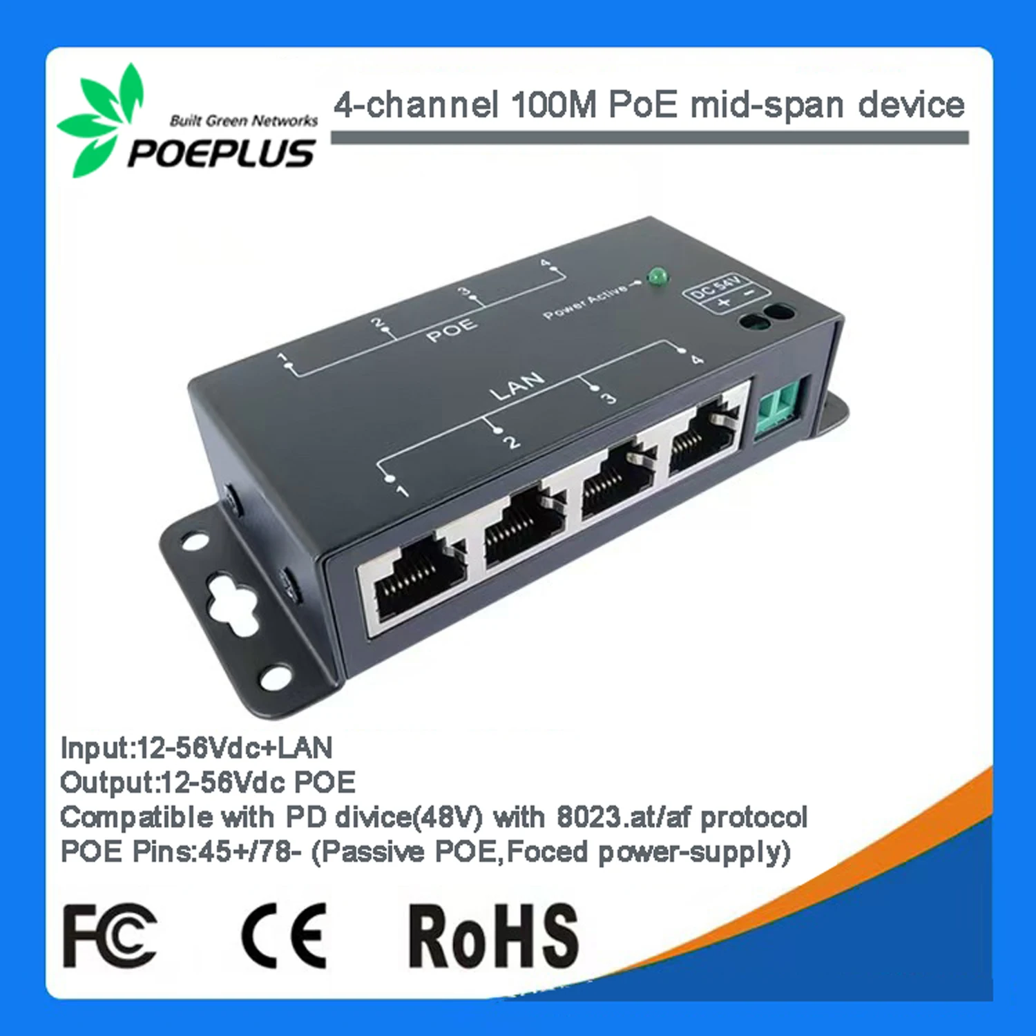 

10/100M 4 Ports Passive PoE injector midspan Ethernet Adapter NO Power Adapter,12-57Vdc in and out