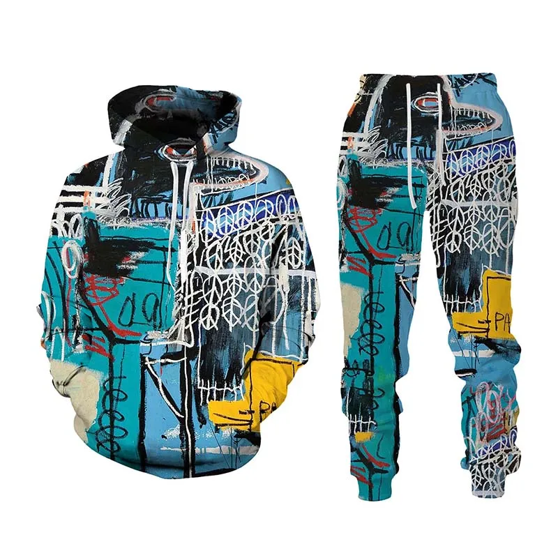 New Hip Hop Graffiti 3D Cartoon Printed Hoodie + Pants Suit Cool Men/Women 2 Pcs Sportwear Tracksuit Set Spring Autumn Men\'s Clo