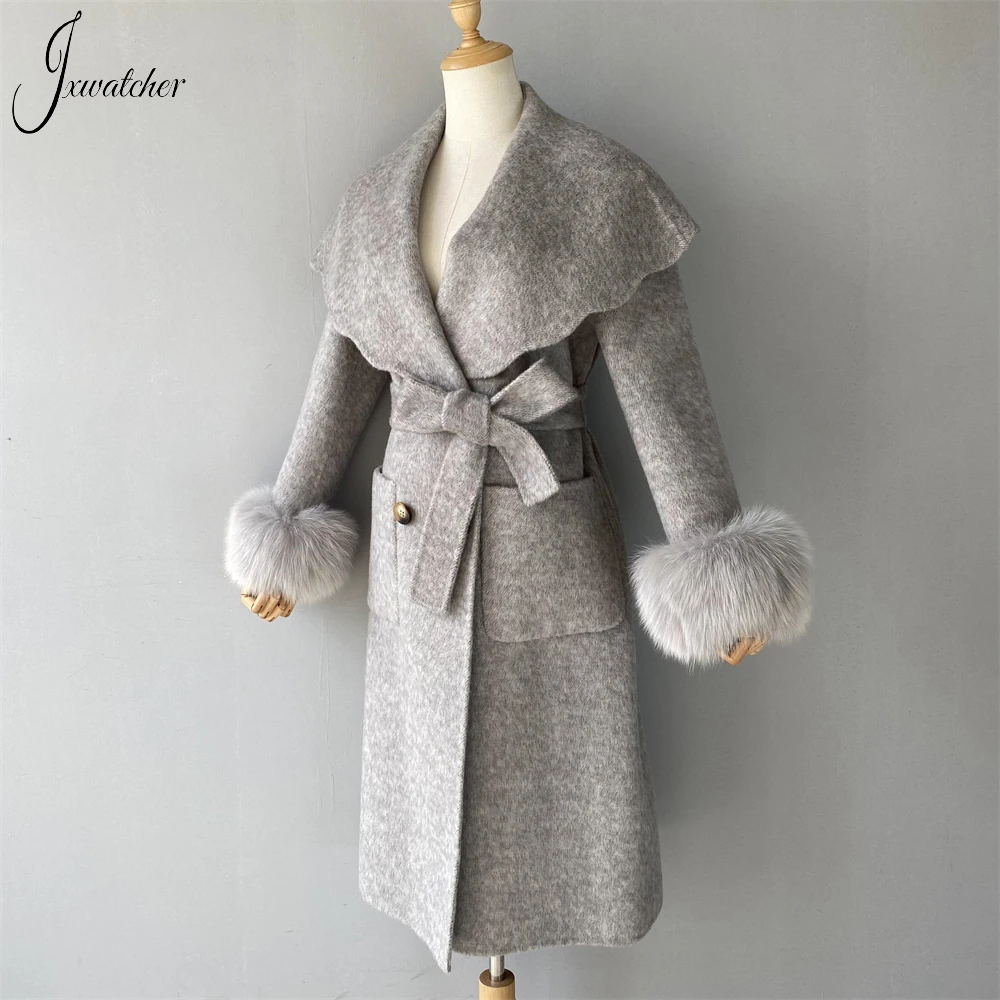 Imagem -04 - Jxverer Cashmere Cabolsas Mulher Inverno 2023 Novo Estilo Real Raposa Pele Punhos Grande Turndown Colarinho Cinto Fino Elegante Longo Trench Coat