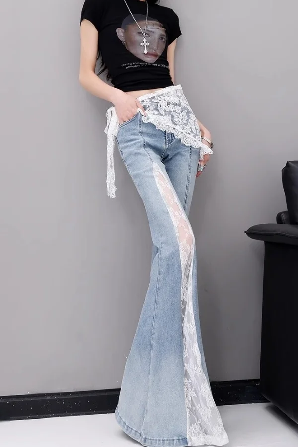 

Винтажные кружевные расклешенные джинсы Y2k, женские узкие джинсовые брюки с высокой талией для девочек, уличная одежда, повседневные брюки, расклешенный низ