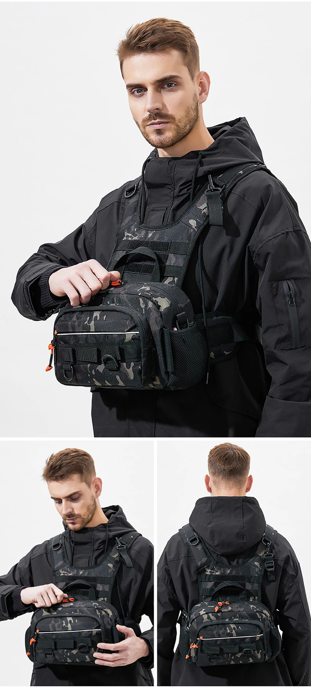 Multifunktionale Angeltasche für den Außenbereich, taktische Brusttasche mit Rutenhalter, große Kapazität, Angelzubehör-Aufbewahrungsrucksack – Detail 7