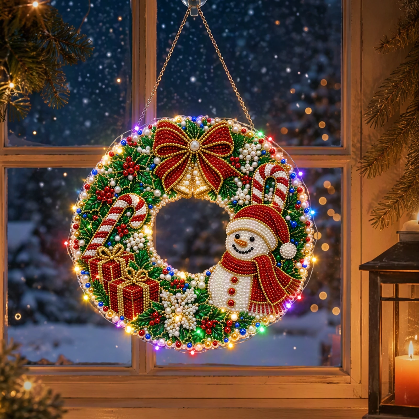 Christmas Wreath Diamond Painting Kit with LED String Lights 9.8x9.8in DIY Holiday Home Decor