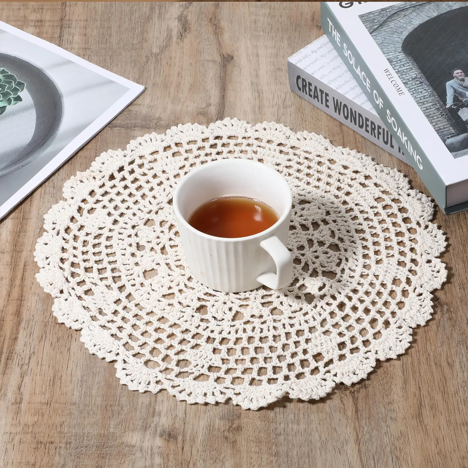 Doilies for Tables,4 Pcs Crochet Doilies Vintage Round Handmade Lace Placemats Knitted Tablecloth Corrugated Edge for Home Decor