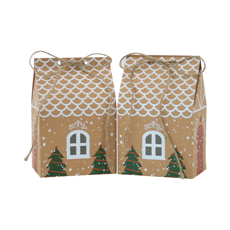 Kraft Paper Christmas Gift Box Christmas House Style Gift Candy Bag Kraft Paper Candy Bag Cookies Box New Year Party Supplies